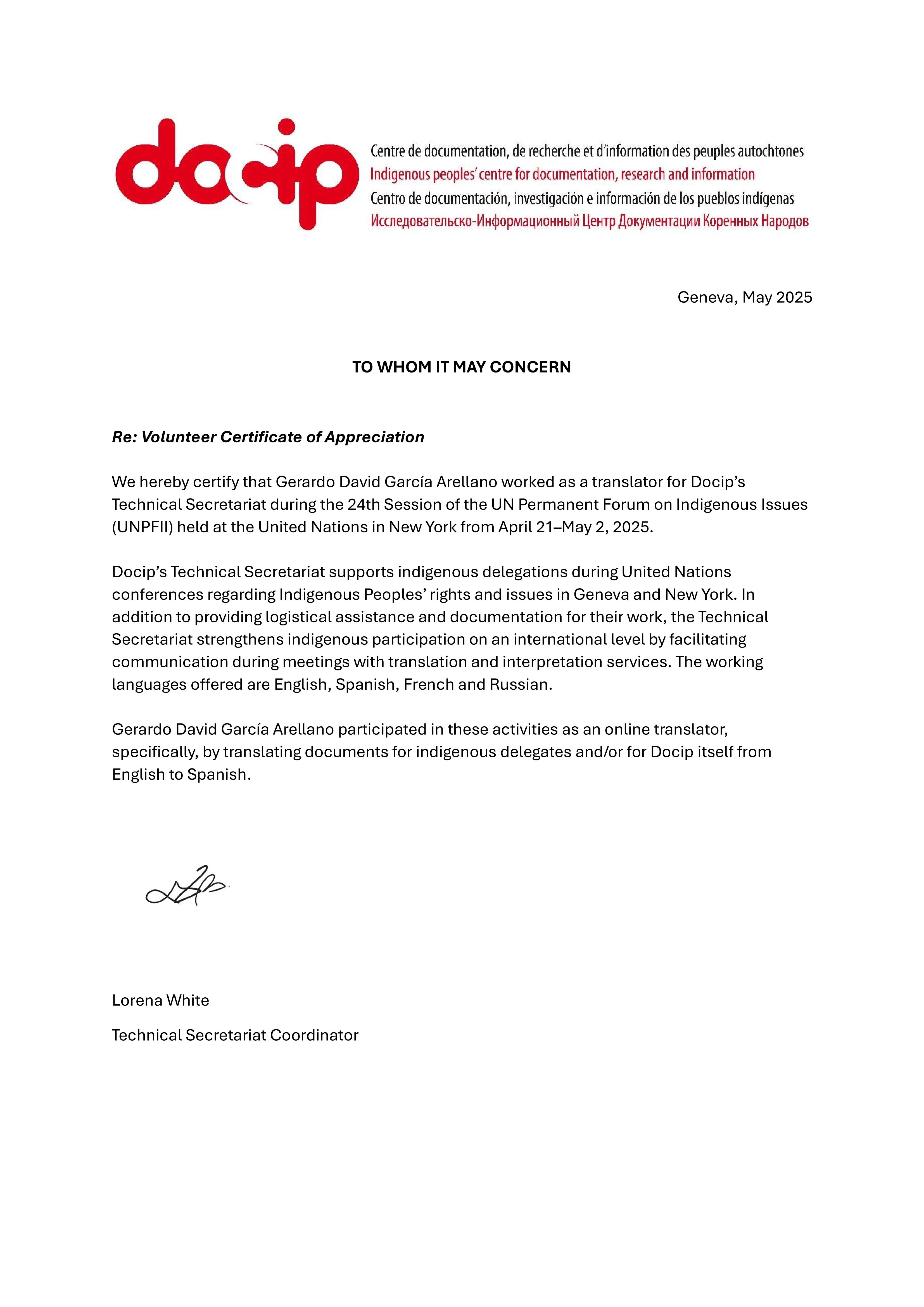 certificado de voluntariado del DOCIP en inglés