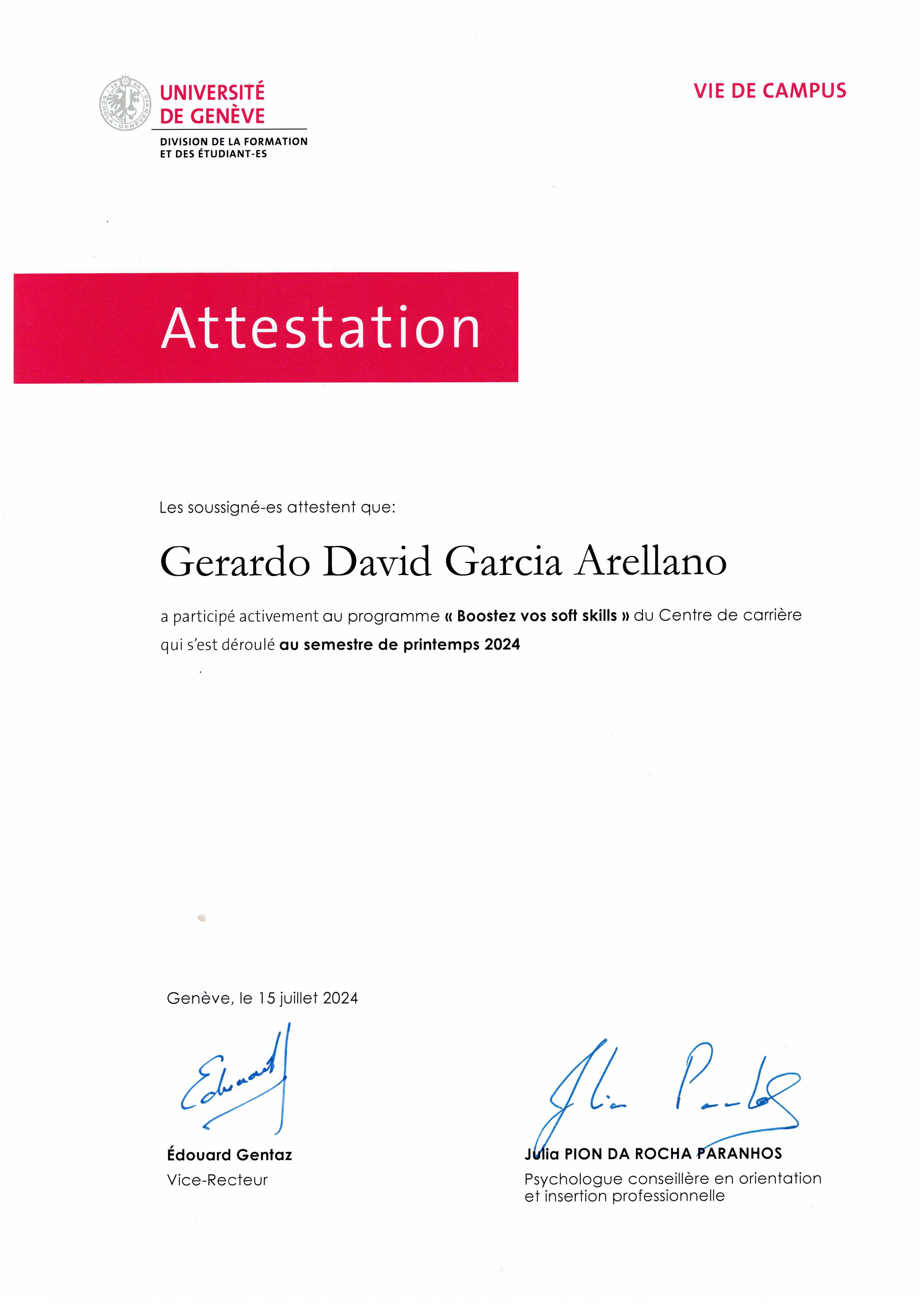 Certificado del programa de habilidades interpersonales de la universidad de Ginebra