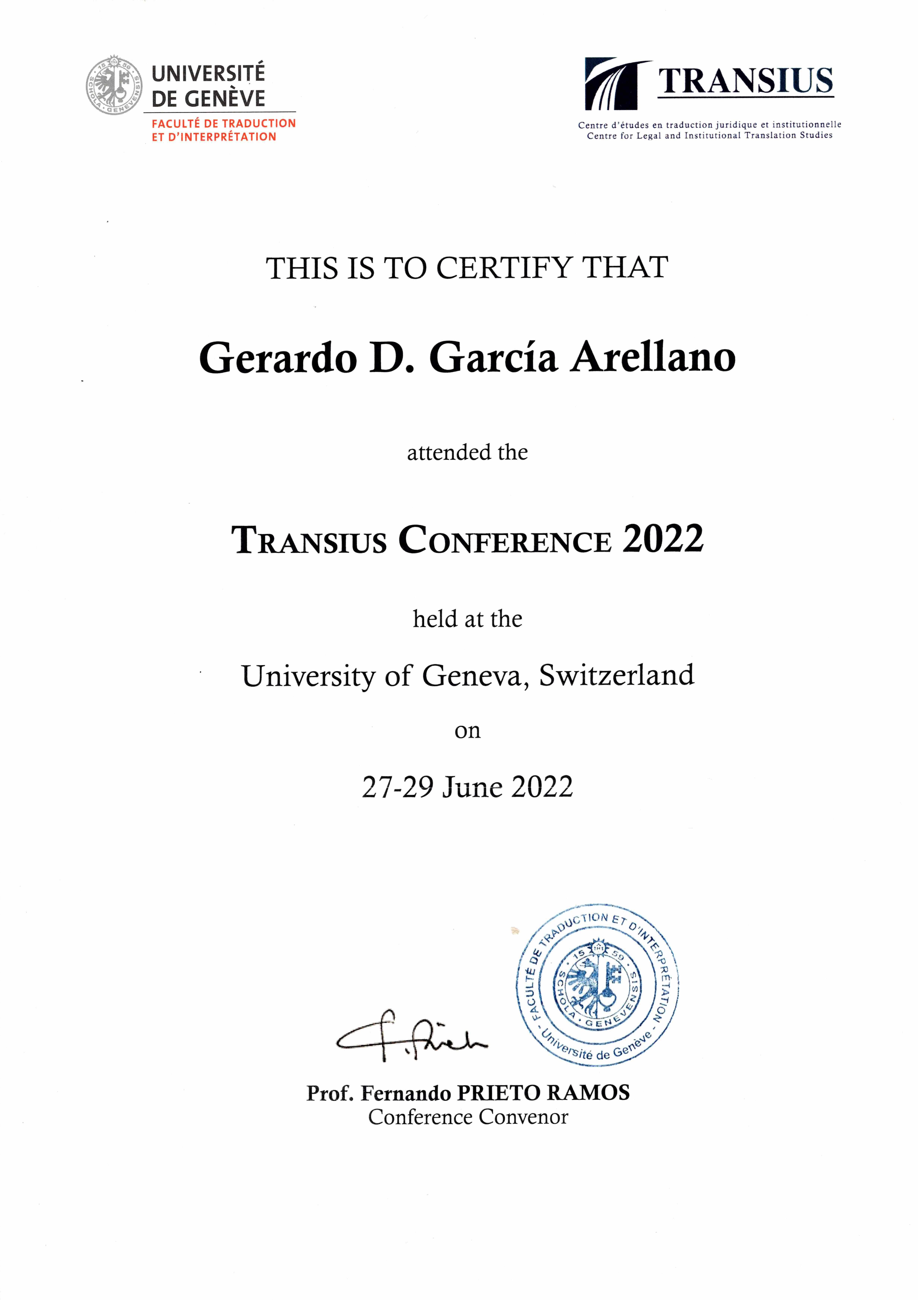 Certificado de participación conferencia Transius 2022 en inglés