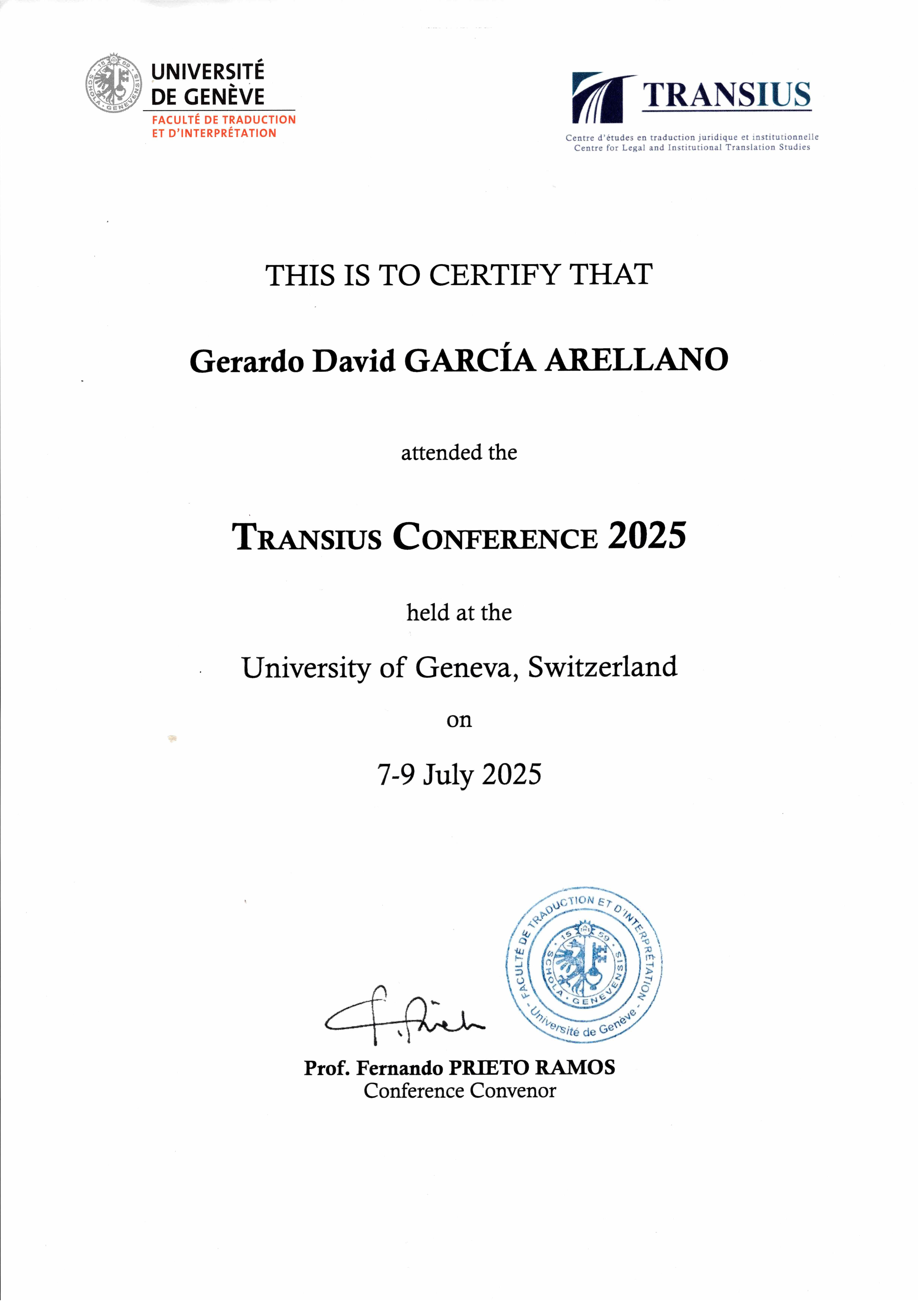 Certificado de participación conferencia Transius 2025 en inglés